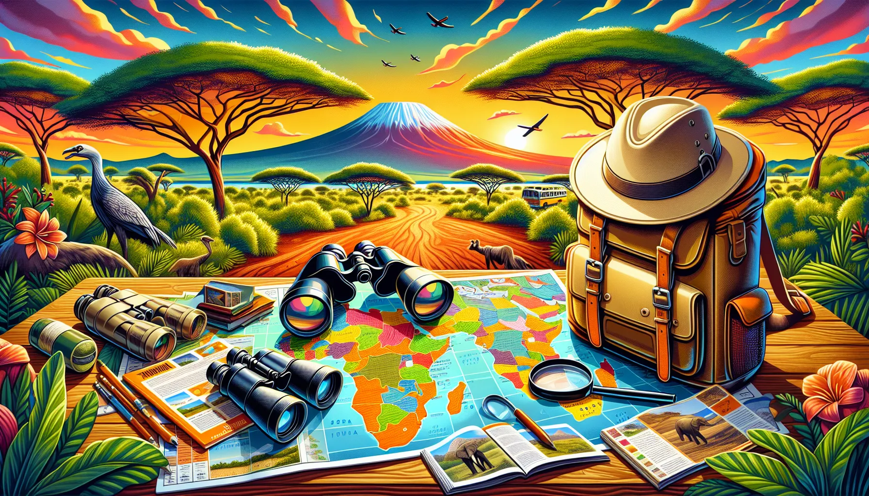 An eye-catching illustration depicting the planning process for a Tanzania safari trip, including maps and travel essentials